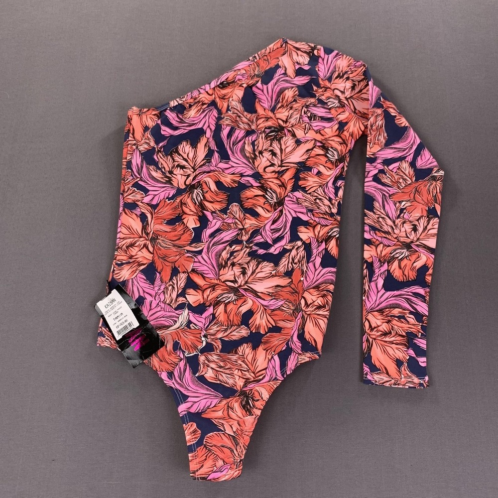 Kaisan Bodysuit Womens Medium Pink Orange Floral One Shoulder Long Sleeve NWT